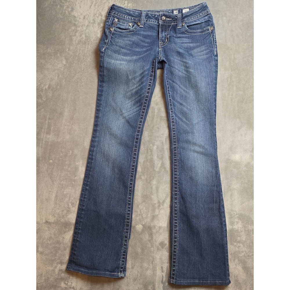 Miss Me Bootcut Jeans Women Size 29 Blue Medium Wash Embellished Thick Stitch